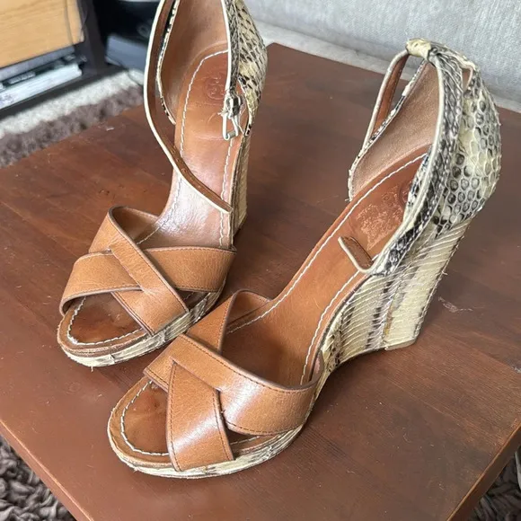 Tory Burch Livia genuine snakeskin wedge sandals size 8