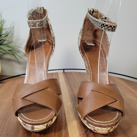 Tory Burch Livia Leather Snakeskin Wedge Sandals Size 6