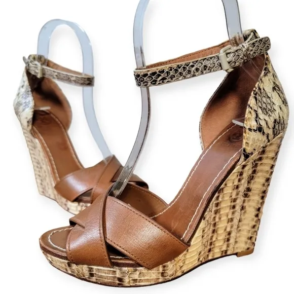 Tory Burch Livia Leather Snakeskin Wedge Sandals Size 6