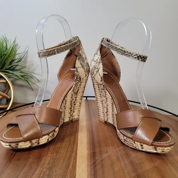 Tory Burch Livia Leather Snakeskin Wedge Sandals Size 6