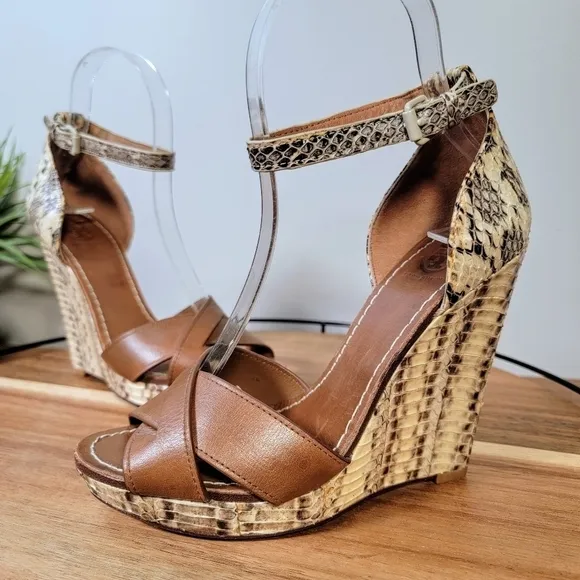 Tory Burch Livia Leather Snakeskin Wedge Sandals Size 6