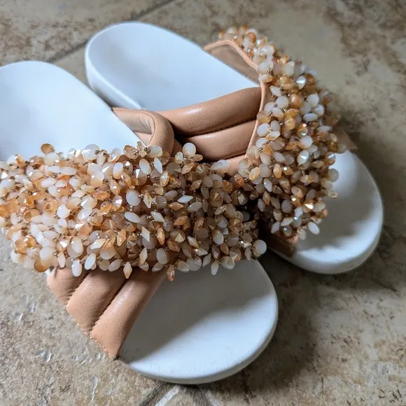 TORY BURCH logan beaded platform pool slides sandals 8.5 9