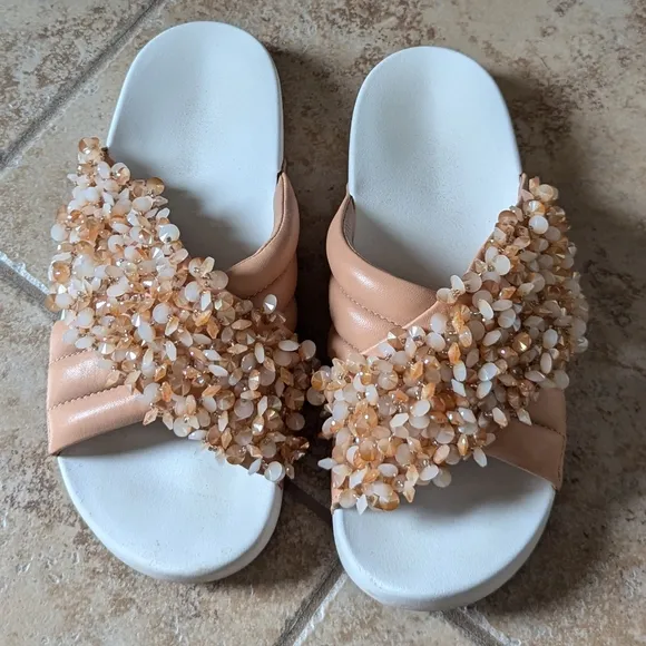 TORY BURCH logan beaded platform pool slides sandals 8.5 9