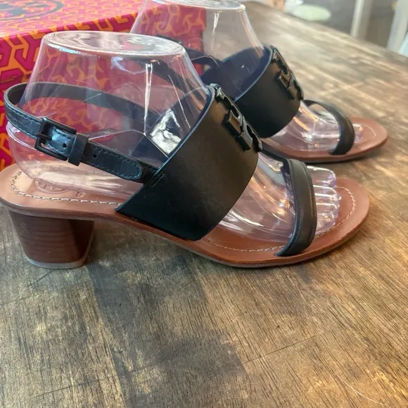 TORY BURCH Lowell Black NAPA Leather Block Heel Sandals with Back Strap! Sz 8