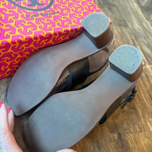TORY BURCH Lowell Black NAPA Leather Block Heel Sandals with Back Strap! Sz 8