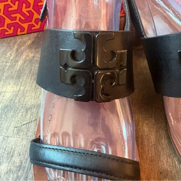 TORY BURCH Lowell Black NAPA Leather Block Heel Sandals with Back Strap! Sz 8