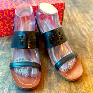 TORY BURCH Lowell Black NAPA Leather Block Heel Sandals with Back Strap! Sz 8