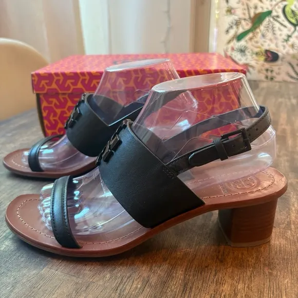 TORY BURCH Lowell Black NAPA Leather Block Heel Sandals with Back Strap! Sz 8