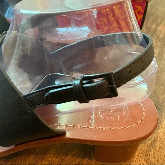 TORY BURCH Lowell Black NAPA Leather Block Heel Sandals with Back Strap! Sz 8