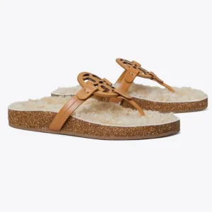 Tory Burch Miller Cloud Shearling Slip On Leather Logo Sandals Women’s Size 9