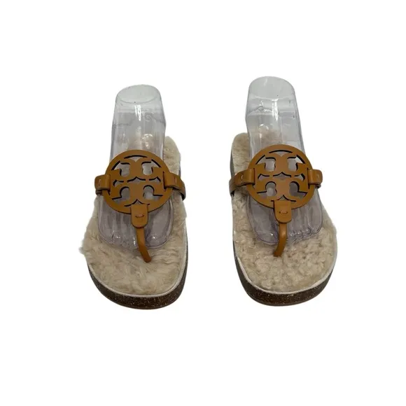 Tory Burch Miller Cloud Shearling Slip On Leather Logo Sandals Women’s Size 9