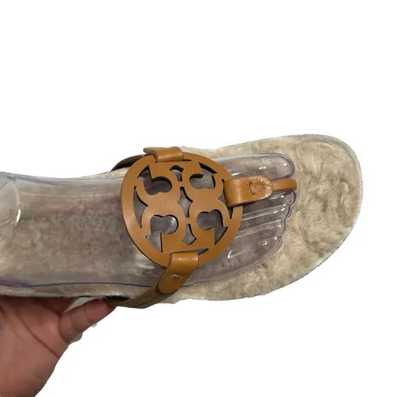 Tory Burch Miller Cloud Shearling Slip On Leather Logo Sandals Women’s Size 9