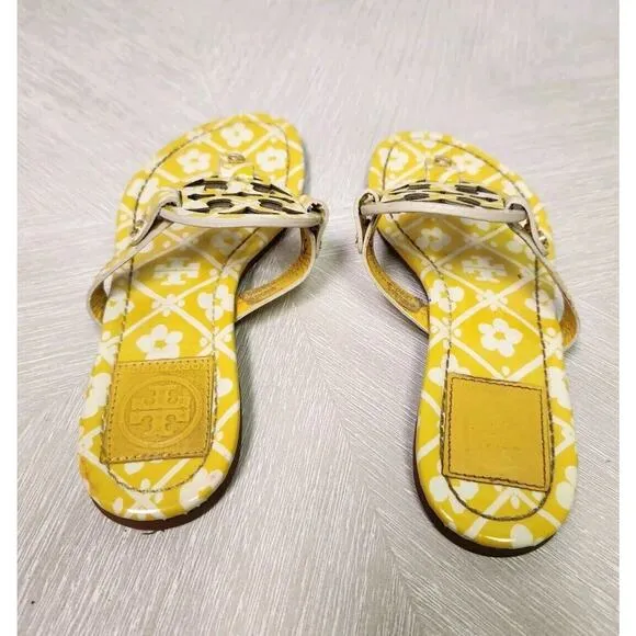 Tory Burch Miller Sandal Patent Yellow / White Floral Print Thong Flat U…