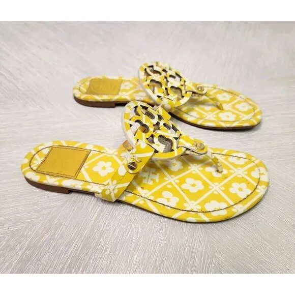 Tory Burch Miller Sandal Patent Yellow / White Floral Print Thong Flat U…