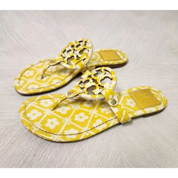 Tory Burch Miller Sandal Patent Yellow / White Floral Print Thong Flat U…