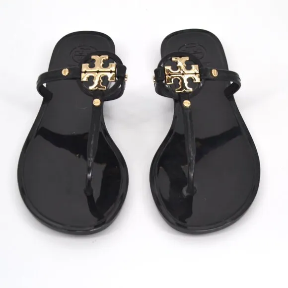Tory Burch Mini Miller Jelly Thong Flat Sandals Black Gold Logo Women's 7