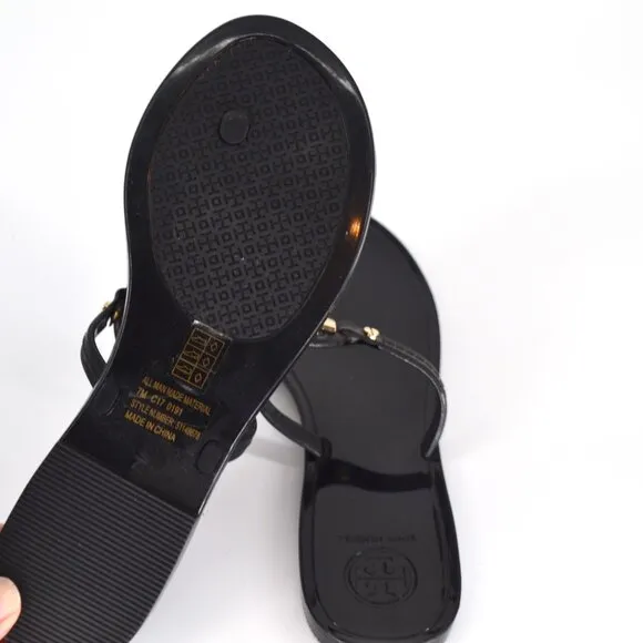 Tory Burch Mini Miller Jelly Thong Flat Sandals Black Gold Logo Women's 7