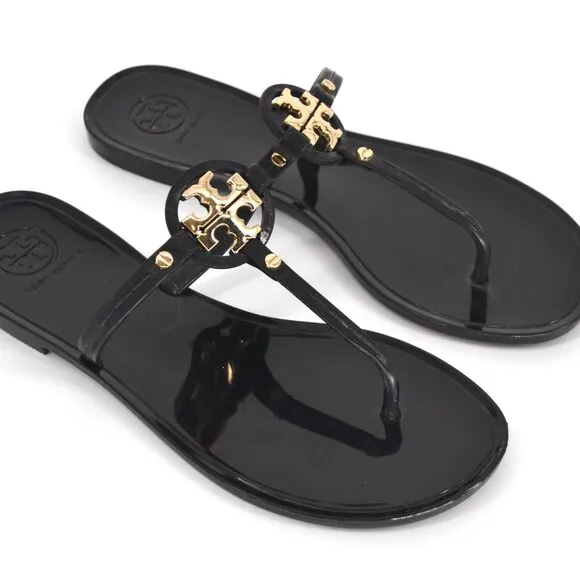 Tory Burch Mini Miller Jelly Thong Flat Sandals Black Gold Logo Women's 7