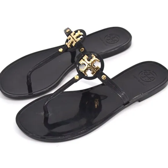 Tory Burch Mini Miller Jelly Thong Flat Sandals Black Gold Logo Women's 7