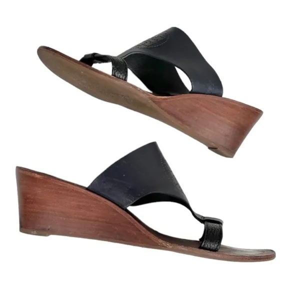 Tory Burch Navy Blue Perforated Logo Slim Wedge Sandals