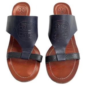 Tory Burch Navy Blue Perforated Logo Slim Wedge Sandals