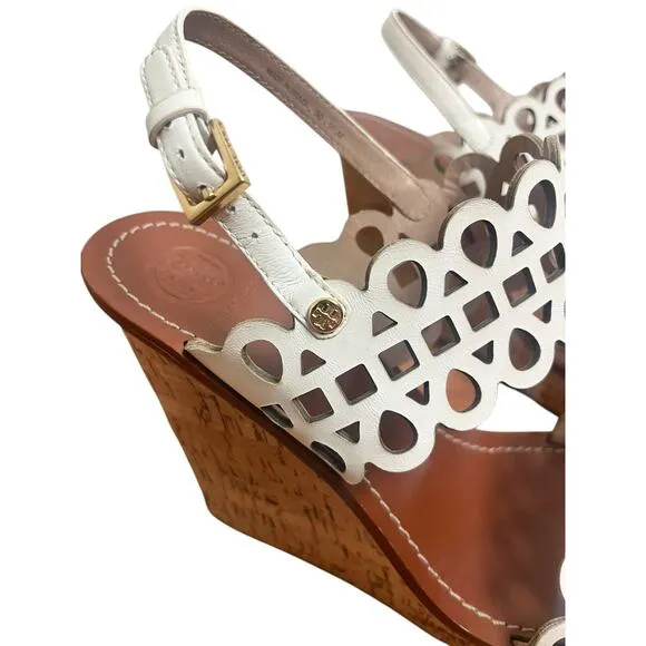 Tory Burch Nori White Leather Laser Cut Wedge Cork Sandals Size 9.5