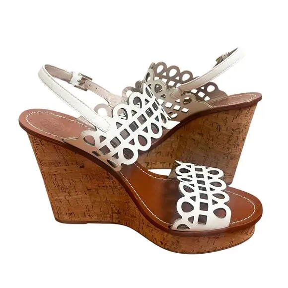Tory Burch Nori White Leather Laser Cut Wedge Cork Sandals Size 9.5