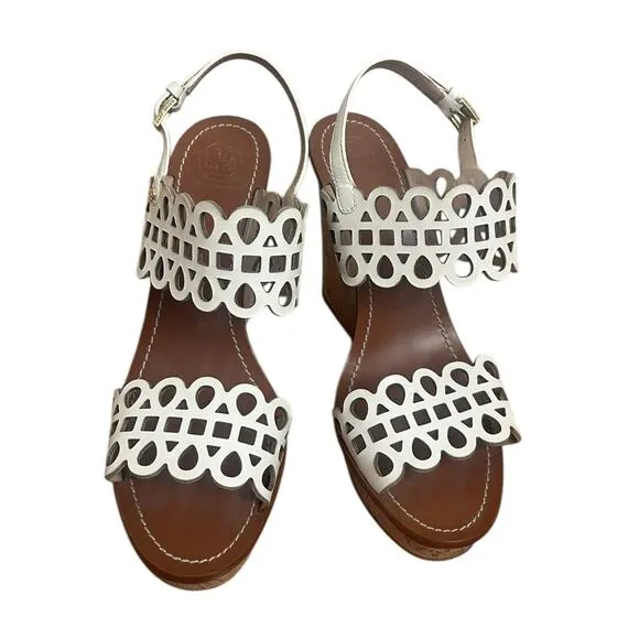 Tory Burch Nori White Leather Laser Cut Wedge Cork Sandals Size 9.5