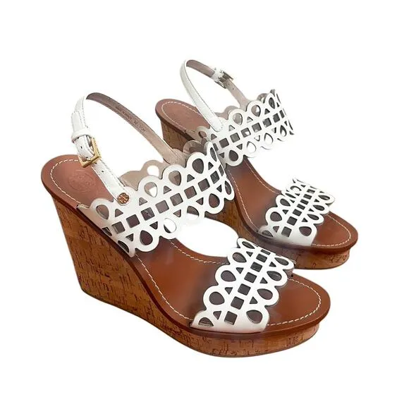 Tory Burch Nori White Leather Laser Cut Wedge Cork Sandals Size 9.5