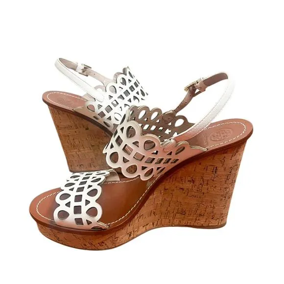 Tory Burch Nori White Leather Laser Cut Wedge Cork Sandals Size 9.5
