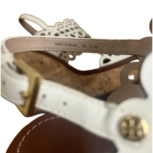 Tory Burch Nori White Leather Laser Cut Wedge Cork Sandals Size 9.5