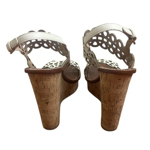 Tory Burch Nori White Leather Laser Cut Wedge Cork Sandals Size 9.5
