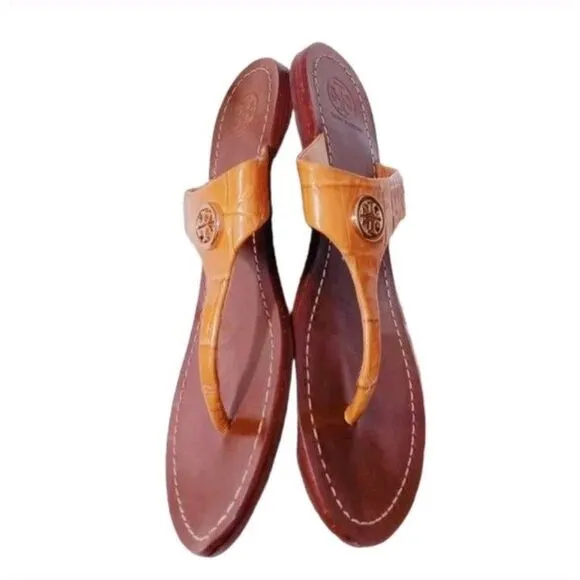 Tory Burch Patten Textured Leather Thora Flat T-Strap Thong Sandals‎