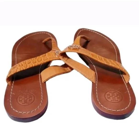 Tory Burch Patten Textured Leather Thora Flat T-Strap Thong Sandals‎