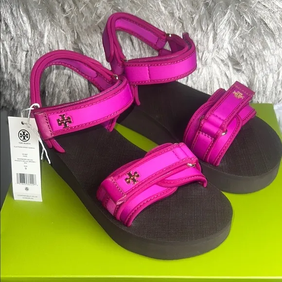 TORY BURCH platform sport sandal neoprene ns raspberry/selva/magenta. size9.