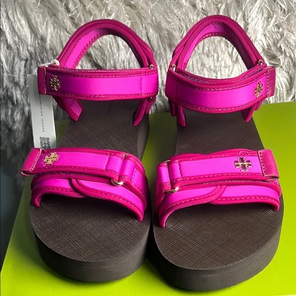 TORY BURCH platform sport sandal neoprene ns raspberry/selva/magenta. size9.