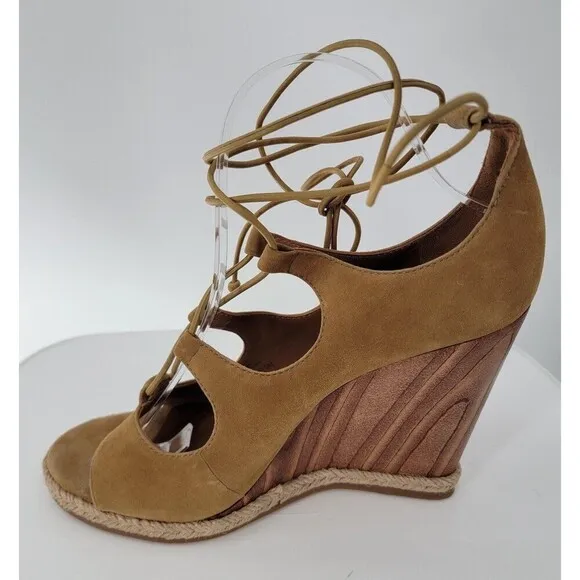 Tory Burch Raya Suede Lace Up Wedge Heels Womens Tan Brown Open Toe Sandals