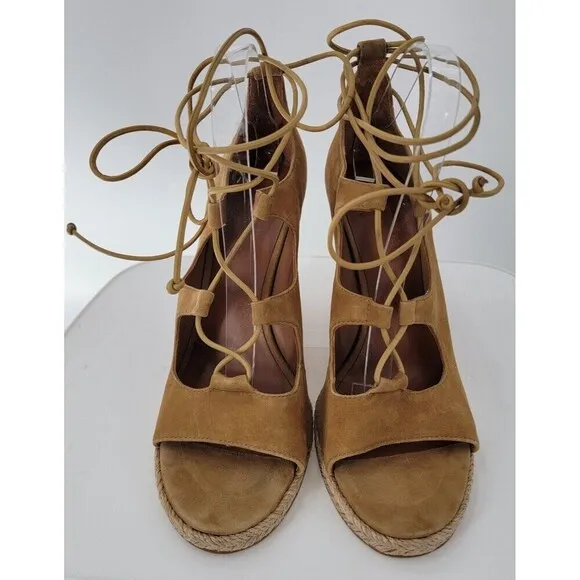 Tory Burch Raya Suede Lace Up Wedge Heels Womens Tan Brown Open Toe Sandals