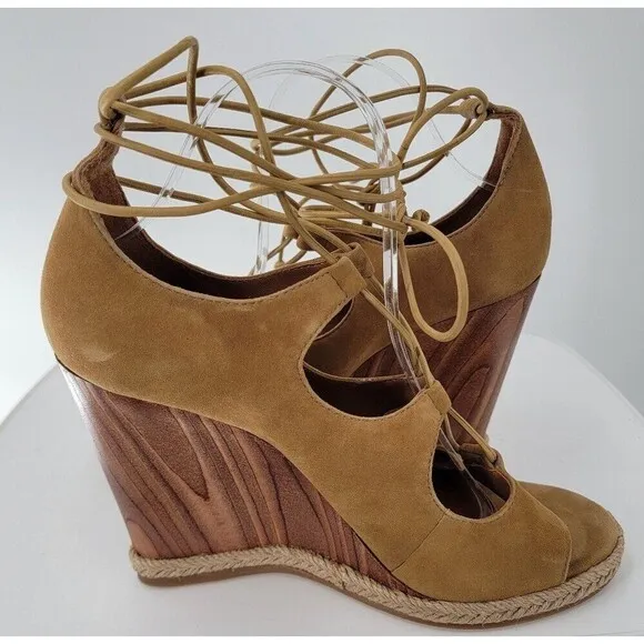 Tory Burch Raya Suede Lace Up Wedge Heels Womens Tan Brown Open Toe Sandals