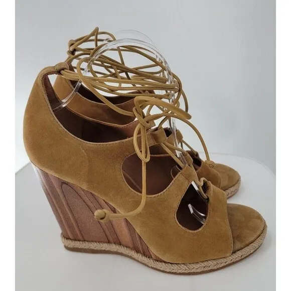 Tory Burch Raya Suede Lace Up Wedge Heels Womens Tan Brown Open Toe Sandals