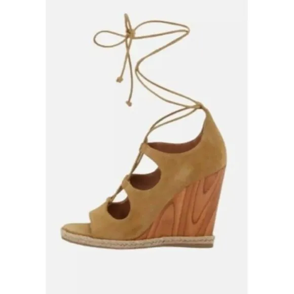 Tory Burch Raya Suede Lace Up Wedge Heels Womens Tan Brown Open Toe Sandals
