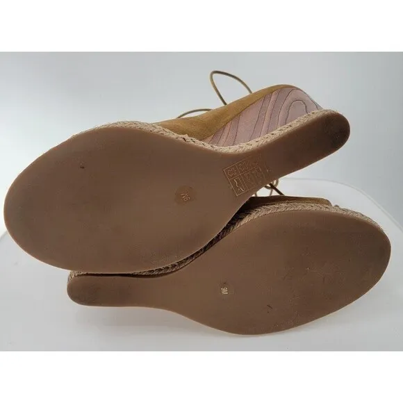 Tory Burch Raya Suede Lace Up Wedge Heels Womens Tan Brown Open Toe Sandals