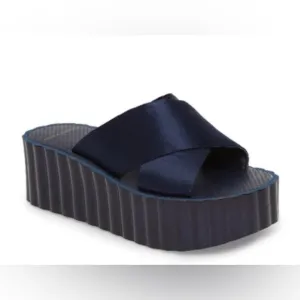 Tory Burch Satin Scalloped Platform Wedge Slide Sandals Perfect Navy Size US 11