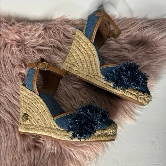 Tory Burch Shaw Denim Wedge Espadrilles Sandals Blue Size 7