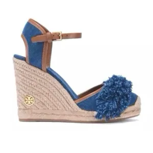 Tory Burch Shaw Denim Wedge Espadrilles Sandals Blue Size 7