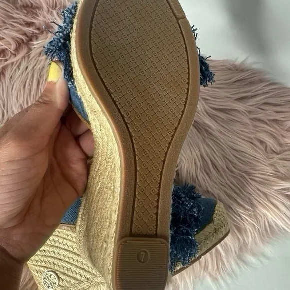 Tory Burch Shaw Denim Wedge Espadrilles Sandals Blue Size 7