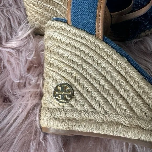 Tory Burch Shaw Denim Wedge Espadrilles Sandals Blue Size 7