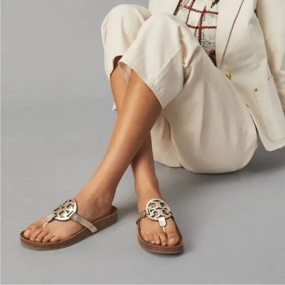 Tory Burch Silver Cloud Miller Sandals Vacation Cruise Resort Wear Beach Boho
