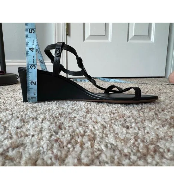TORY BURCH T-Strap Black Leather Wedge strappy sandals, size 7.5 M
