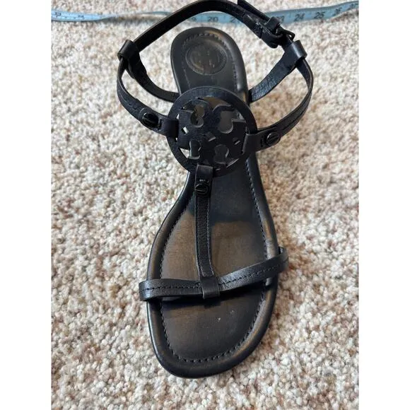 TORY BURCH T-Strap Black Leather Wedge strappy sandals, size 7.5 M